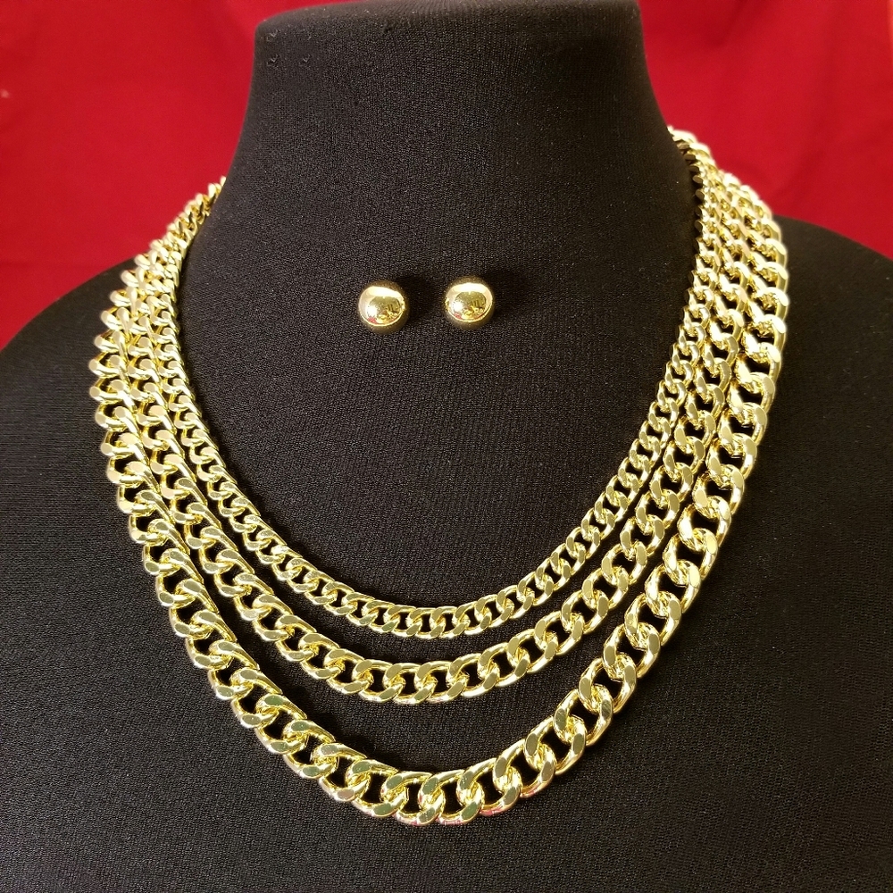 Jennifer & Co. Triple Row Cuban Chain Necklace Set Separate Gold plated Chain